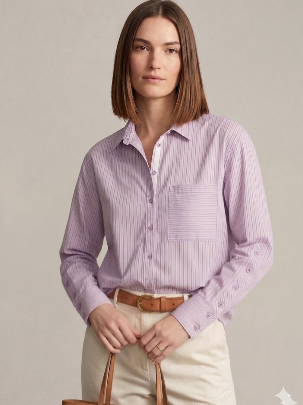 Johnny Was Striped Button-Up Shirt Purple & White Long Sleeve with Button Detail